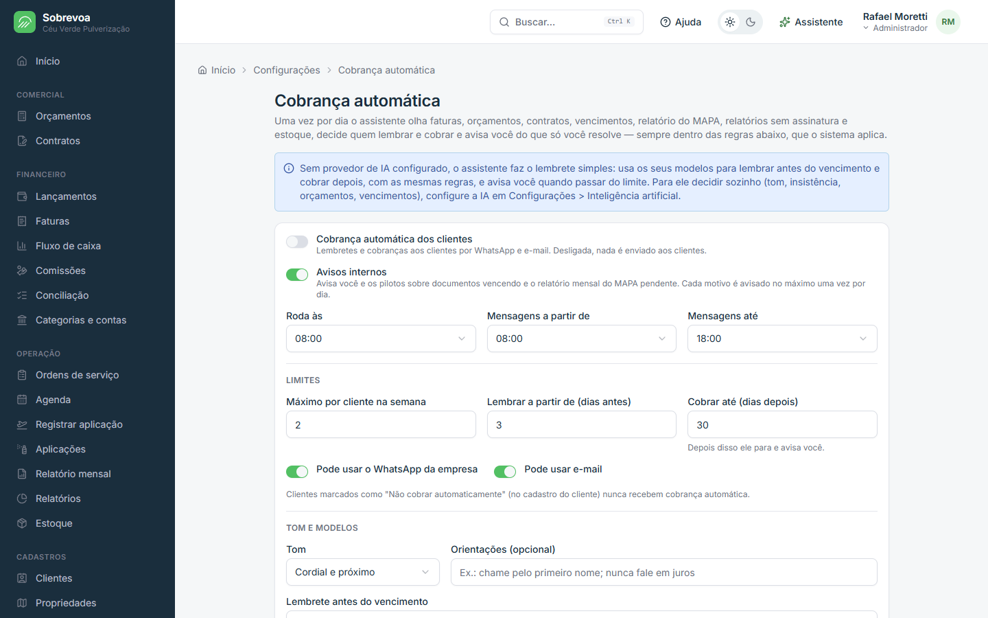 Tela do Sobrevoa: Cobrança automática inteligente