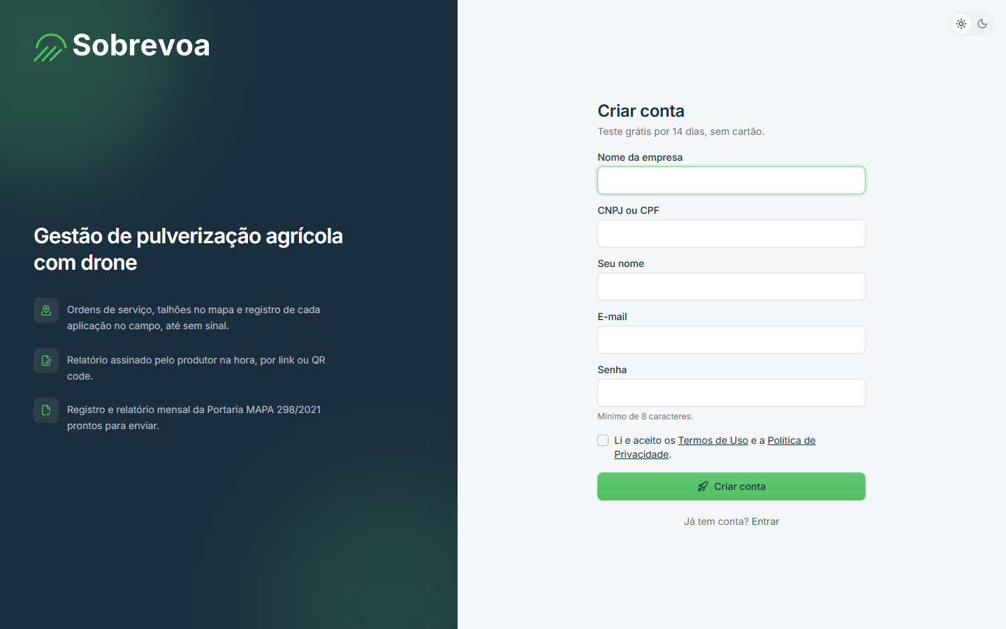 Tela do Sobrevoa: Como criar a conta da sua empresa