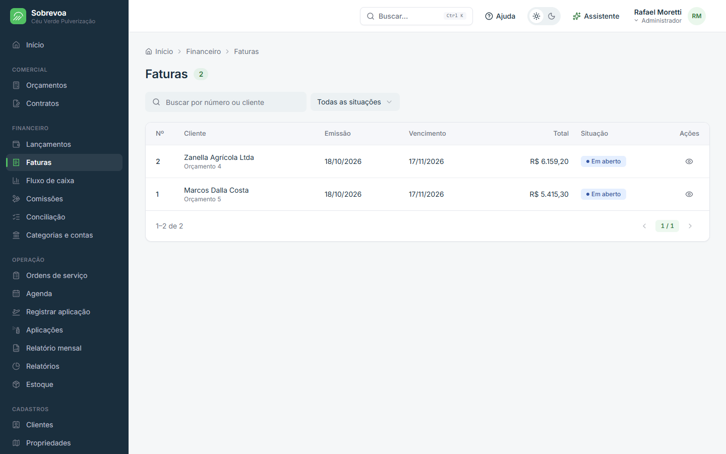 Tela do Sobrevoa: Faturas