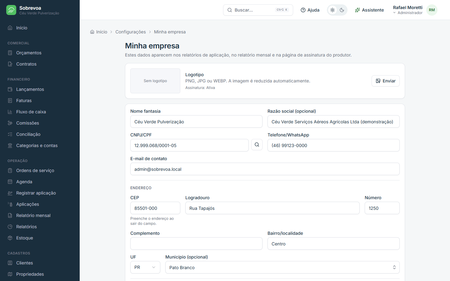 Tela do Sobrevoa: Minha empresa: dados e logotipo