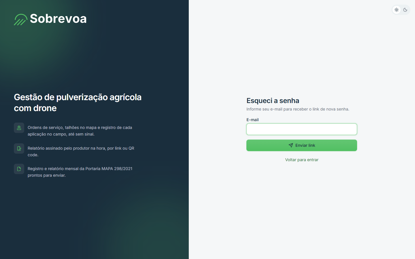 Tela do Sobrevoa: Como recuperar a senha