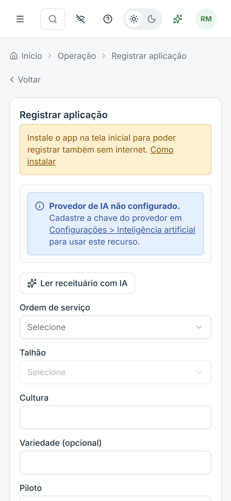 Registro de aplicação no celular do piloto