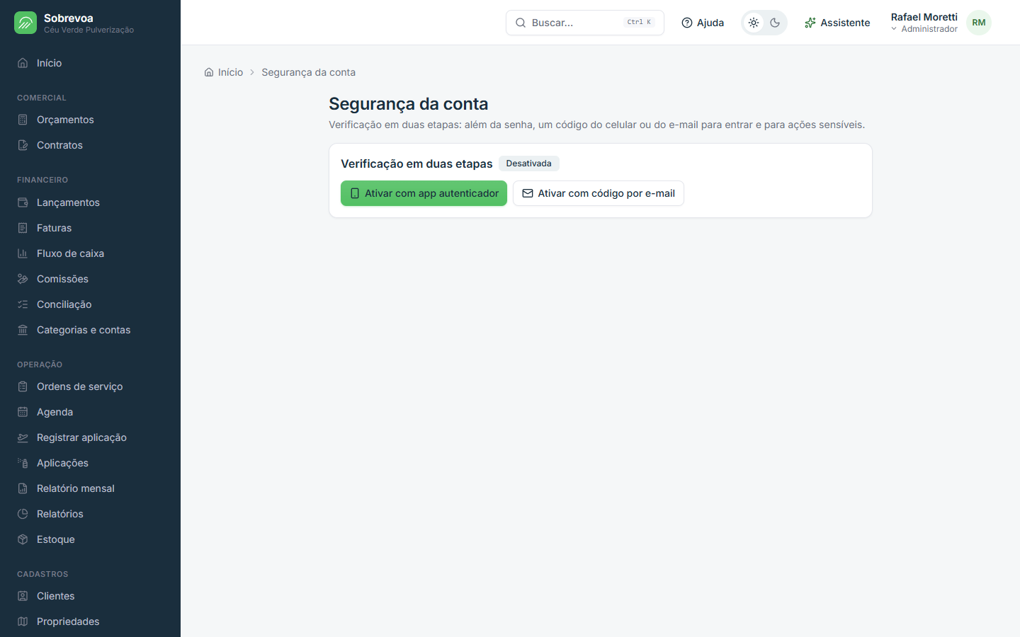 Tela do Sobrevoa: Verificação em duas etapas
